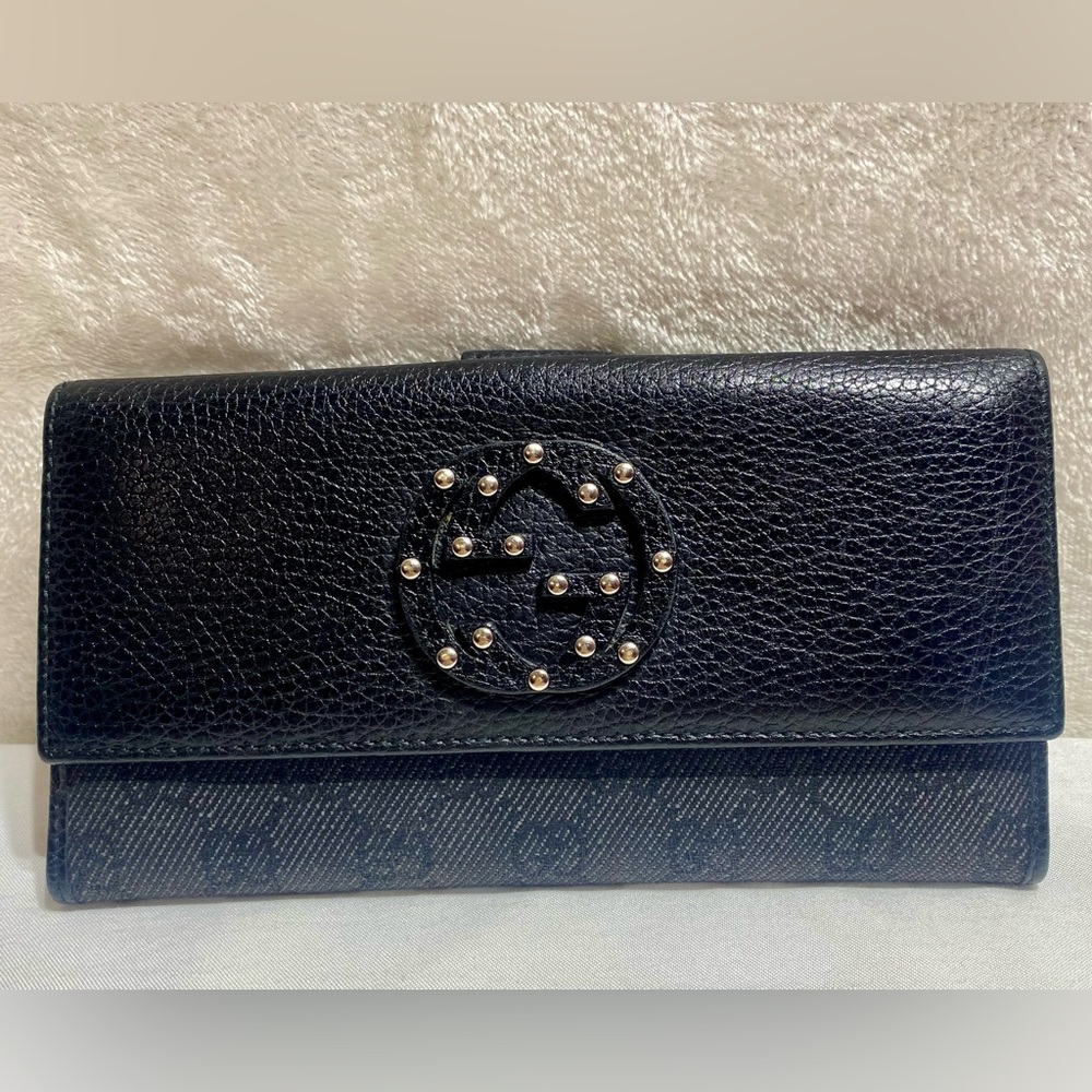 GUCCI 231843 Studded Interlocking GG Long Wallet Pebbled Leather Black Authentic - Picture 2 of 12